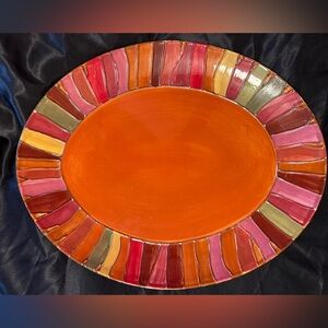 Pier1 Stoneware 16” Oval Serving Platter wavy stripe EUC